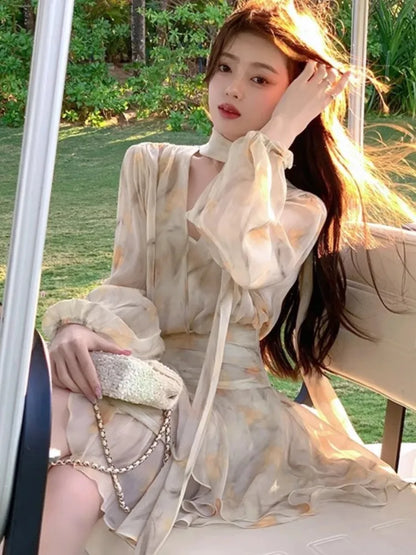 Elegant Chiffon Short Dresses for Women V-neck Lantern Sleeves Ruffles A-line Summer New Holiday Style Printed Vestidos Mujer
