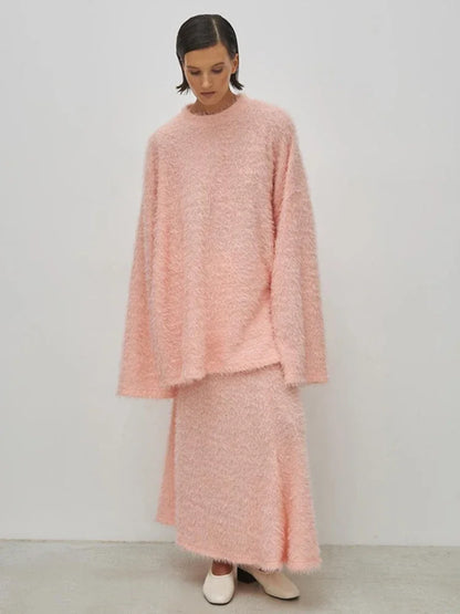 TRAUXY Autumn Winter Plush Knitted Suit Women’s Long Sleeve O-Neck Pullover Top Long Skirts Two Piece Sets Solid Female Elegant
