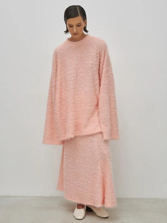 TRAUXY Autumn Winter Plush Knitted Suit Women’s Long Sleeve O-Neck Pullover Top Long Skirts Two Piece Sets Solid Female Elegant