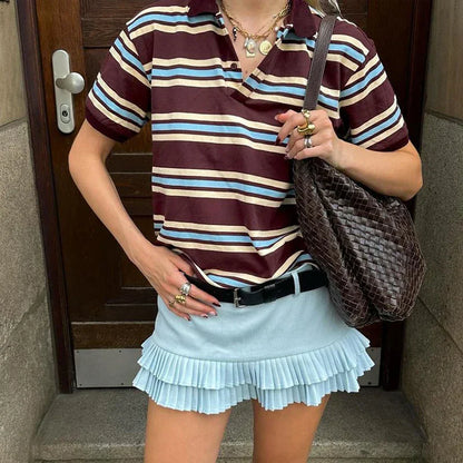 Fashion Stripe Women's T-shirt Casual Short Sleeve Female All Match Polo Shirts Summer New Ladies Loose Tops High Street
