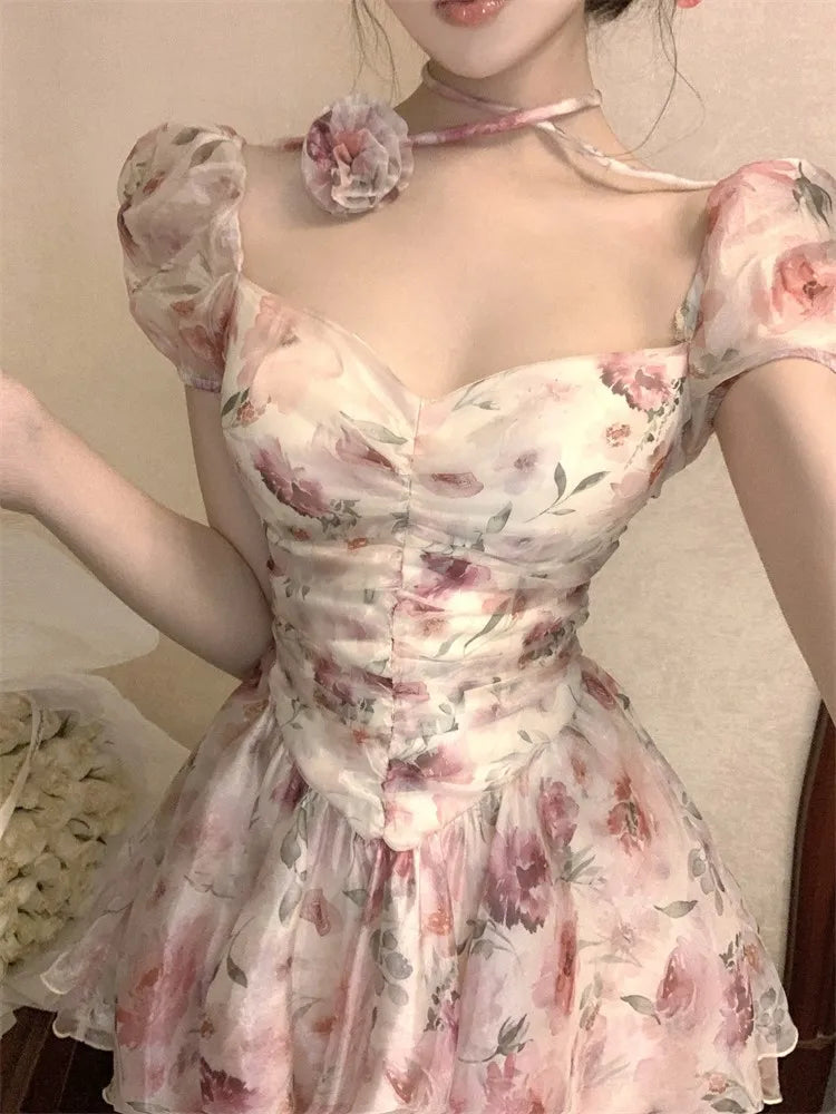 Elegant Princess Floral Short Dresses for Women Y2K Puff Sleeve Backless Printed Ruffles A-line Korean Fashion One Piece Vestido