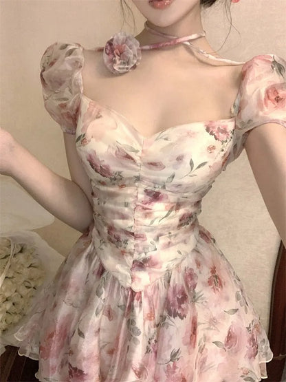 Elegant Princess Floral Short Dresses for Women Y2K Puff Sleeve Backless Printed Ruffles A-line Korean Fashion One Piece Vestido