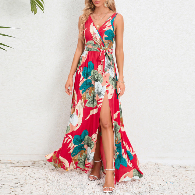 Summer Flower Print Sleeveless Long Dresses Women Sexy V-neck Slim Leace-up Slit Dress Female Fashion Commuting Vacation Vestido