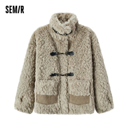 Coat Women Imitation Rabbit Fur Imitation Suede Patchwork Retro  New Winter Loose Stand-Up Collar Jacket