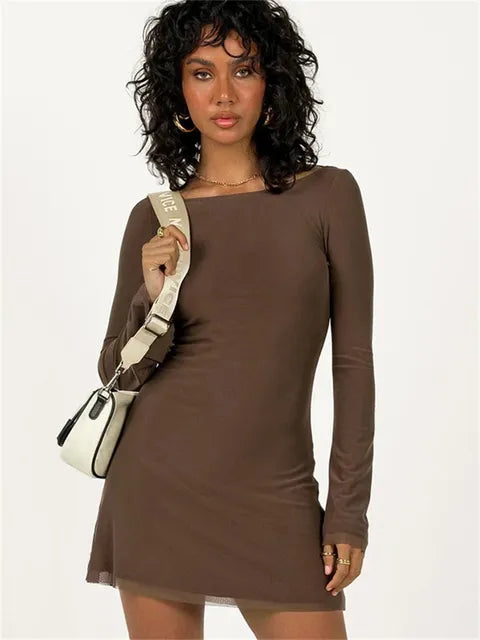Mesh Backless Fashion Dress For Women Sexy Long Sleeve Lace-Up Slim Patchwork Bandage Dress Women’s Solid Autumn Dress New