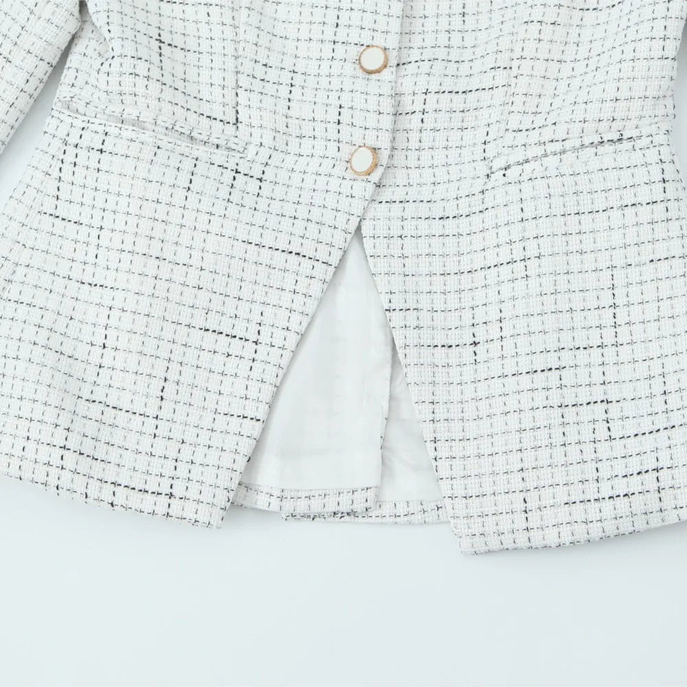 French Style Retro V collar Plaid Woven Tweed Blazer + High Waist Mini Short Skirts Suits 2 pieces 1 Set Black White