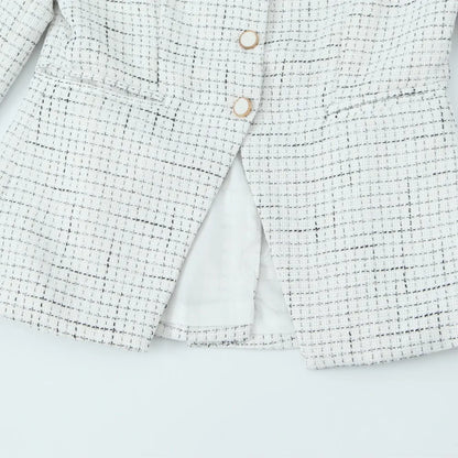 French Style Retro V collar Plaid Woven Tweed Blazer + High Waist Mini Short Skirts Suits 2 pieces 1 Set Black White