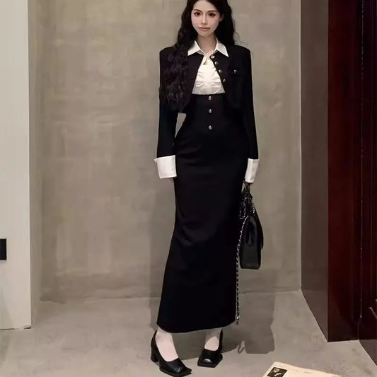 Y2K 3-piece Set Women Crop Coat Blazer White Shirt Halter Sleeveless Bodycon Midi Dress Autumn New Female Korean Chic Outfits