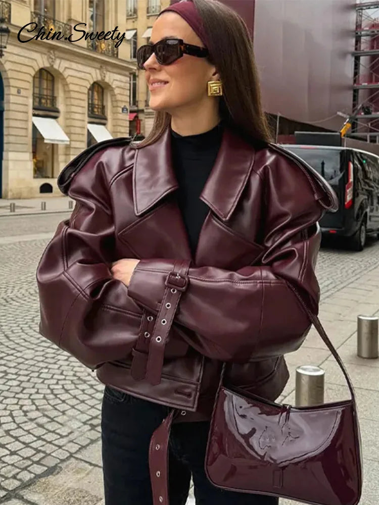 Casual Leather Short Leather Jacket With Belt Lapel Long Sleeved Cropped Coat  New Fashion Lady Street Party New Outwears _