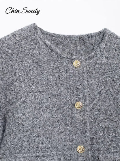 Elegant Woolen Blends Coat For Women O-neck Metal Button Gray Long Sleeve Pockets Jackets  Autumn Lady High Street Outwear