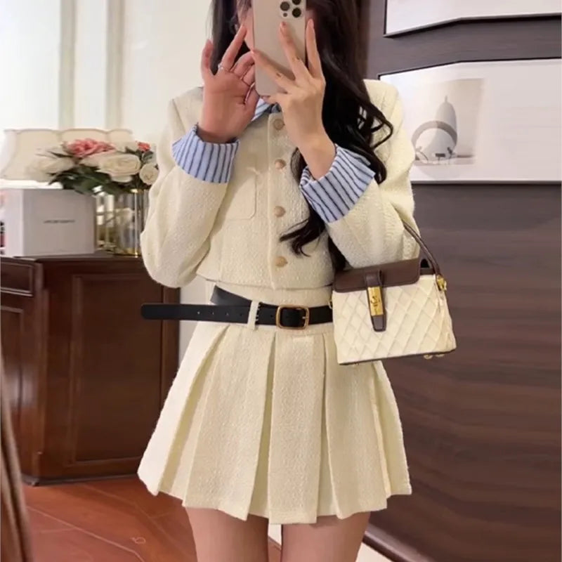 Elegant Two-piece Skirt Set Women Single Breasted Crop Top Pleated Mini Skirt Preppy Style Korean Fashion Autumn New Outfits