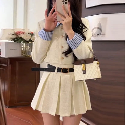 Elegant Two-piece Skirt Set Women Single Breasted Crop Top Pleated Mini Skirt Preppy Style Korean Fashion Autumn New Outfits