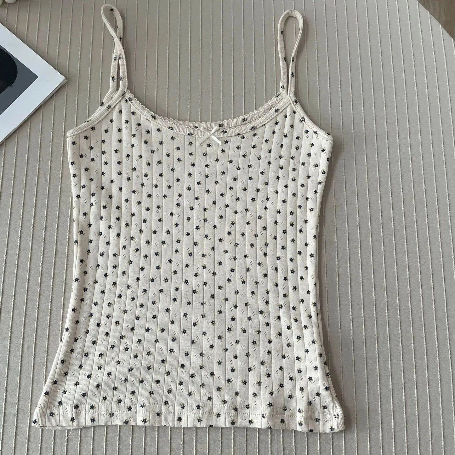 Floral Eyelet Bow Cotton Crop Tops Lace Trim Sleeveless Slim Tank Top Preppy Style Sweet Camisole Y2k Clothes