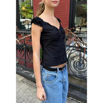y2k Tank Top Clothes Solid Color Cap Sleeve Button Down Slim Fit Frill T Shirt 2000s Vest Streetwear