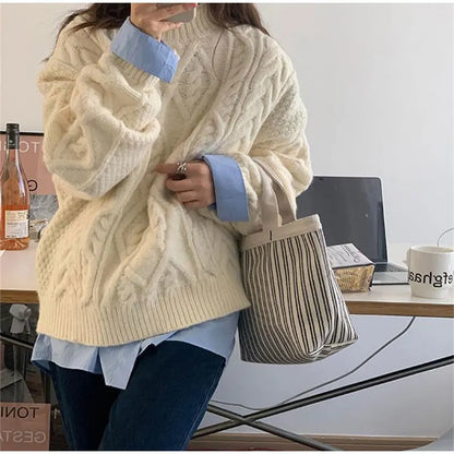 Thick Twisted Sweater Women Autumn Long Sleeve O-neck Female Knitted Pullover Solid Casual Loose Lady Kintwear Tops