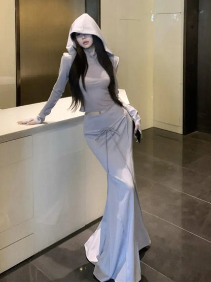 Y2K Autumn 3-piece Skirt Set Women Long Sleeve Hooded Crop Cardigan Vest Long Skirt Sexy Harajuku Club Party Streetwear New