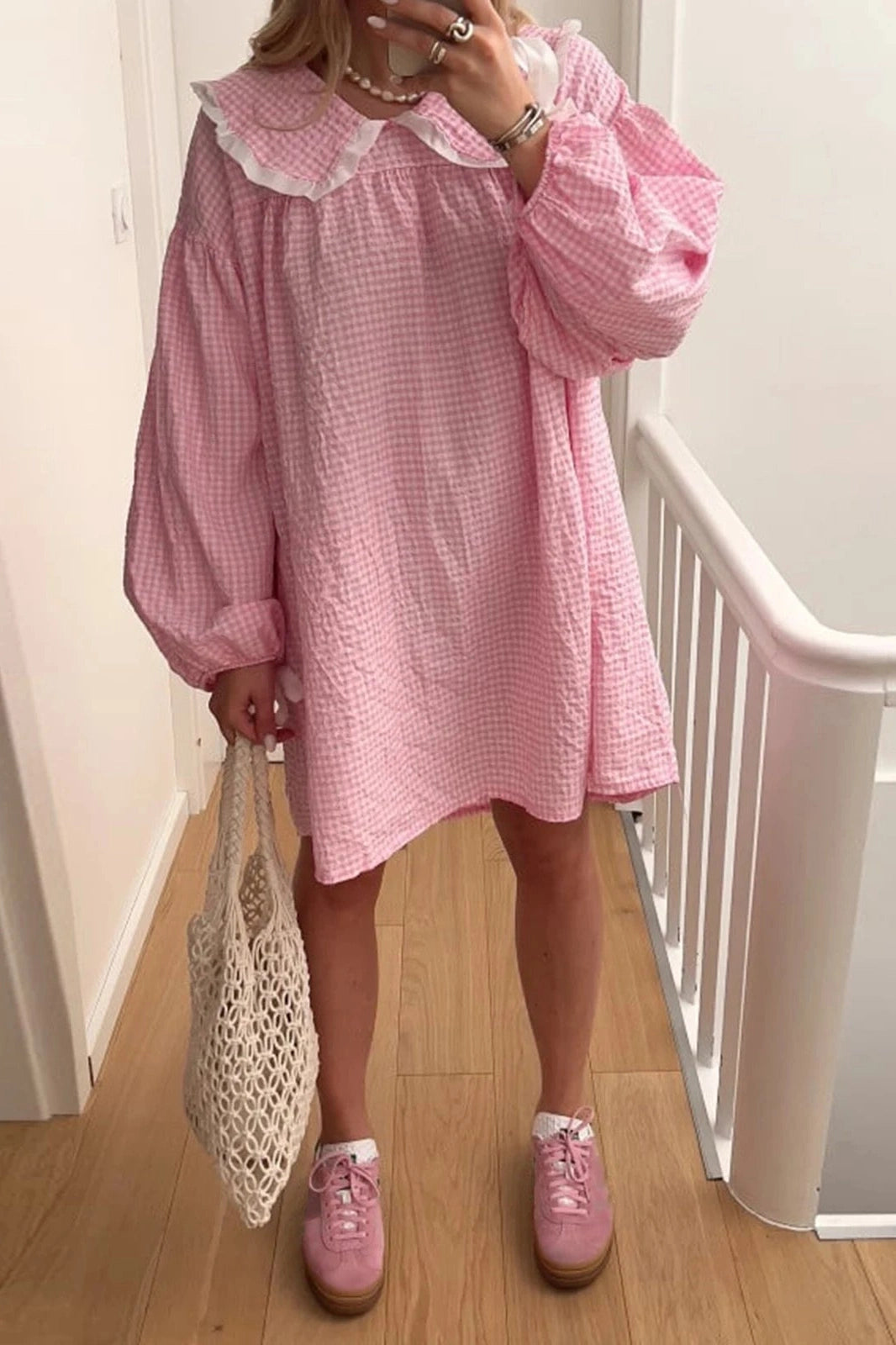 Plaid Mini Dress with Elegant Puff Sleeves