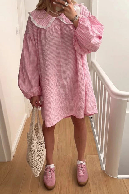 Plaid Mini Dress with Elegant Puff Sleeves