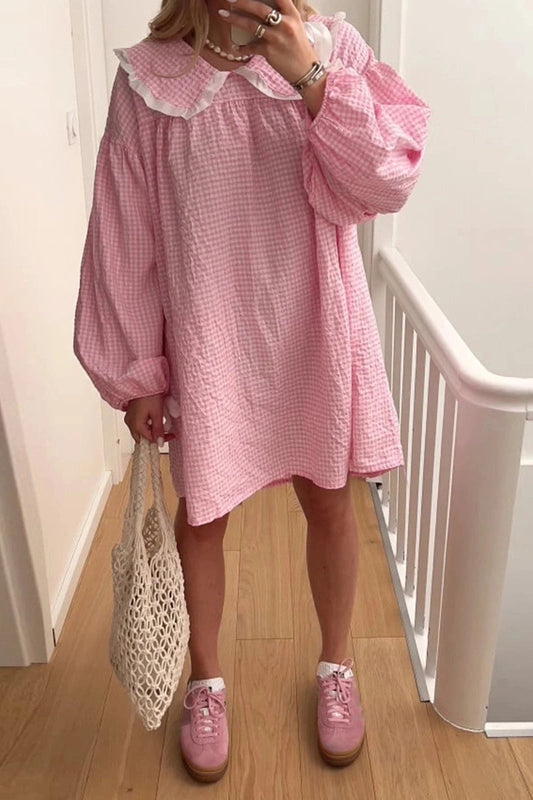 Plaid Mini Dress with Elegant Puff Sleeves