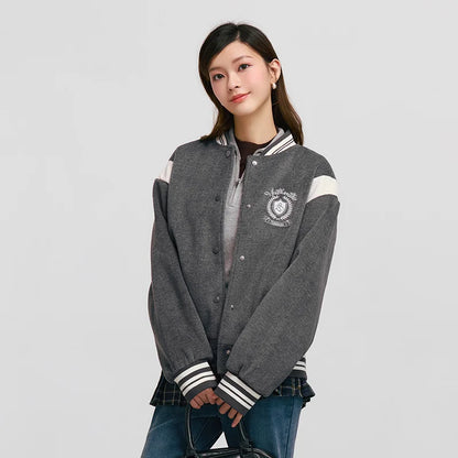 Coat Women Embroidery Patchwork Contrast Color Loose Jacket  New Winter Imitation Woolen Baseball Jacket
