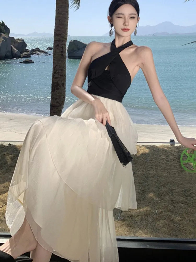 Elegant Patchwork Ruffles Cake Dresses for Women Halter Sleeveless Backless Evening Party Dress Prom A-line One Piece Vestido