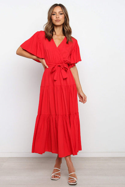 Trendy Solid Color Ruffles Long Dresses Women Sexy V-neck Ruffle Sleeves Leace-up Temperament Elegant Lady Dress 2025 Summer New