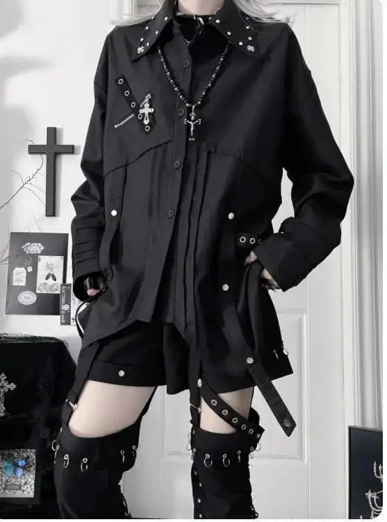 Gothic Metal Accent Tie Blouse