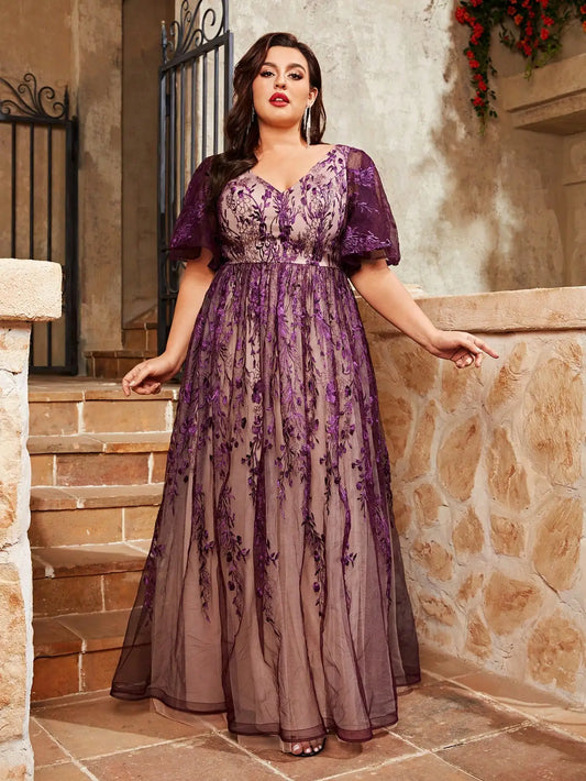 plus size V-neck embroidered lace large trumpet sleeve color mesh long skirt evening gown ball dress Party dress