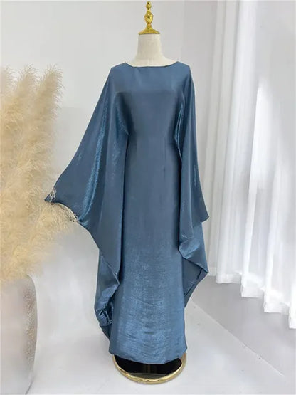 Autumn Loose Shiny Maxi Dress Women’s Butterfly Batwing Long Sleeve Muslim Clothes Party Dress Solid Female Long Dress New
