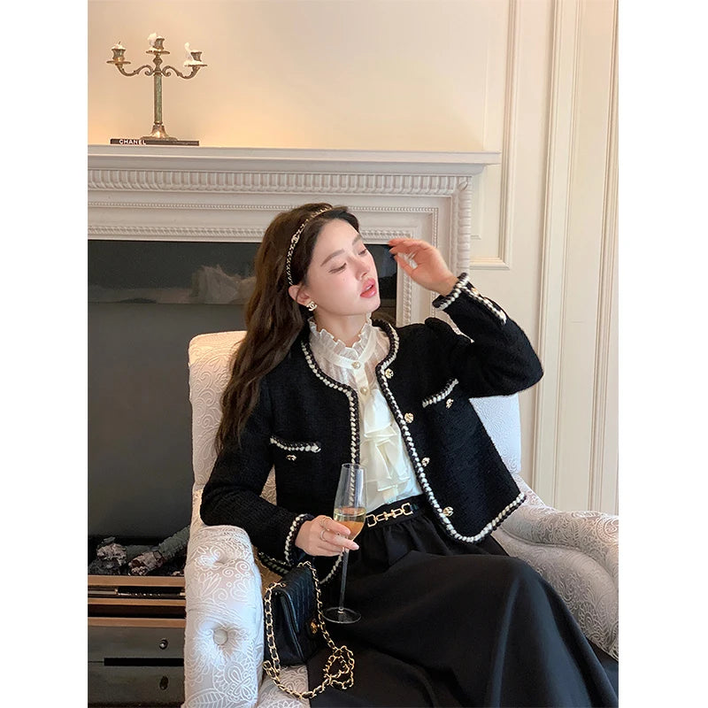 Vintage Cropped Tweed Jackets Women Elegant Black Thicken Coat Korean Single Breasted Blazer Casual Warm Short Outerwear Tops