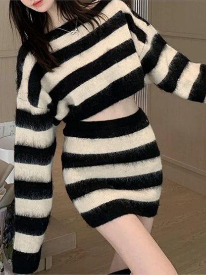 Autumn Striped Two-piece Skirt Set Women Long Sleeve Cropped Off Shoulder Top Bodycon Mini Skirt Korean Fashion Suits New