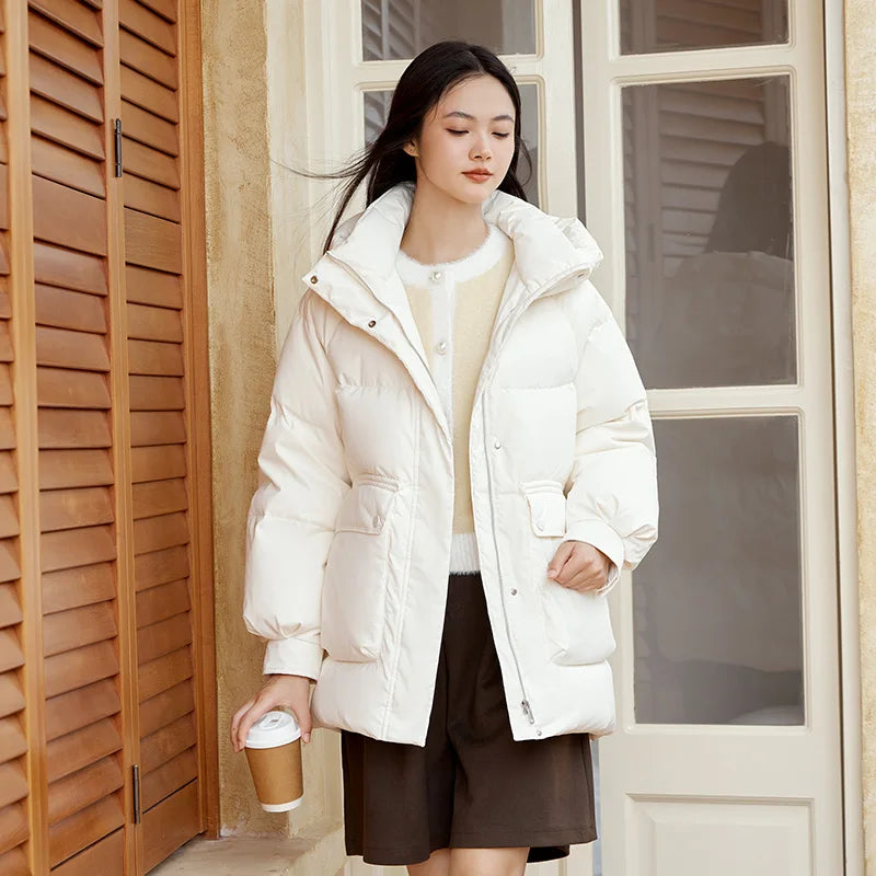 Down Jacket Women Mid-Length Loose Raglan Sleeve Simple Warm Winter Three-Defense Hooded Coat