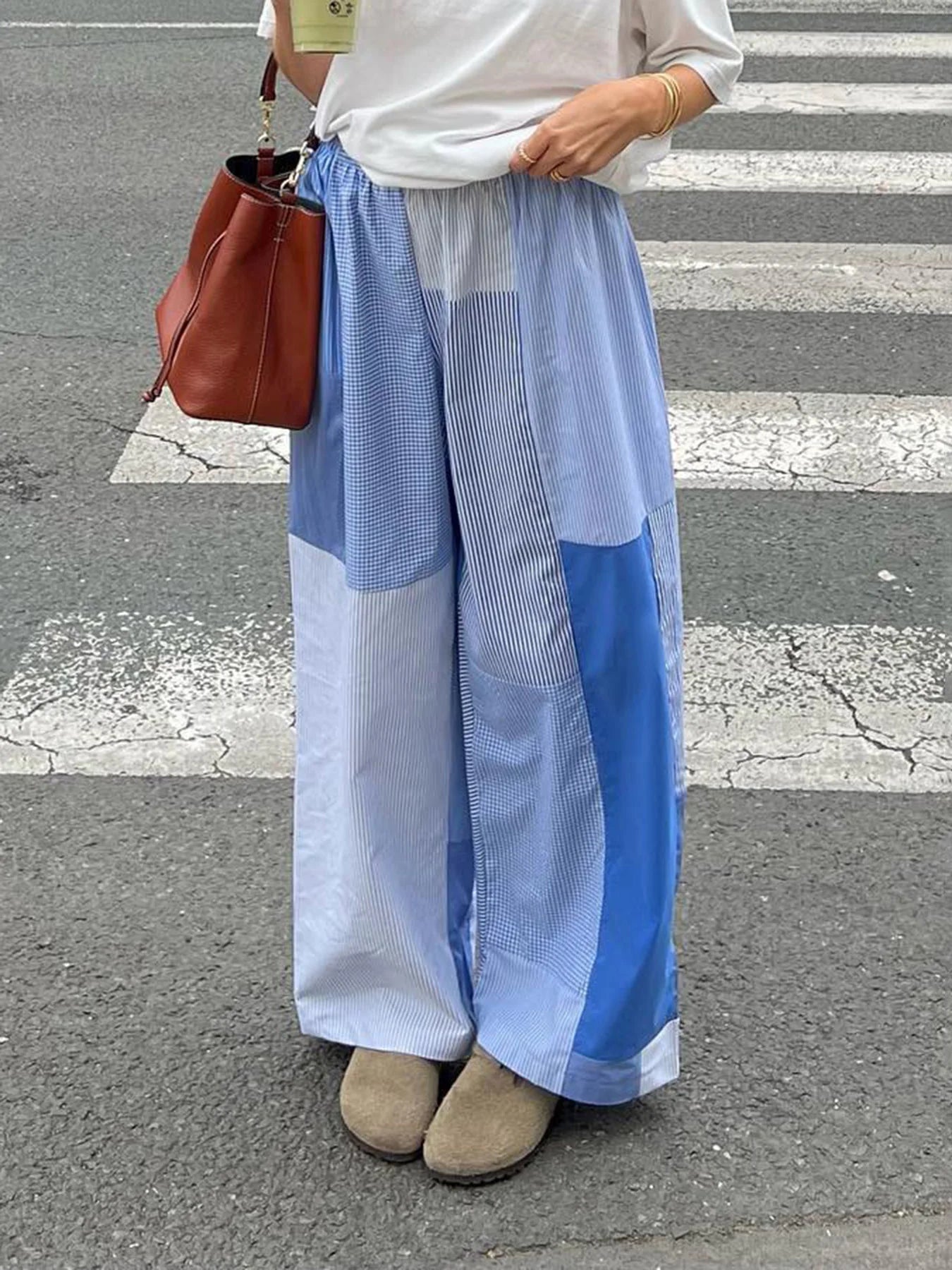 Grunge Aesthic Color Block Blue Stripe Baggy Trousers For Women Elastic Waist Loose Casual Woven Pants Lazy Homewear