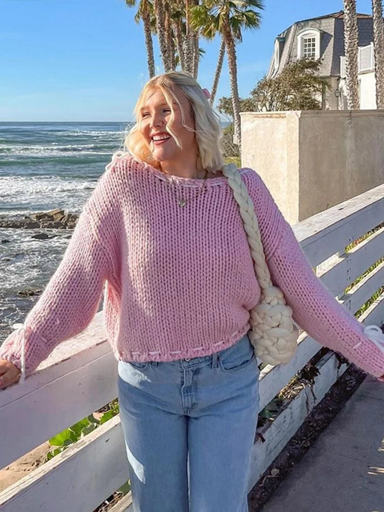 Chic Loose Lace Up Women’s Sweater Elegant Round Neck Long Sleeves Pullover Top Lady Autumn Fashion Streetwear