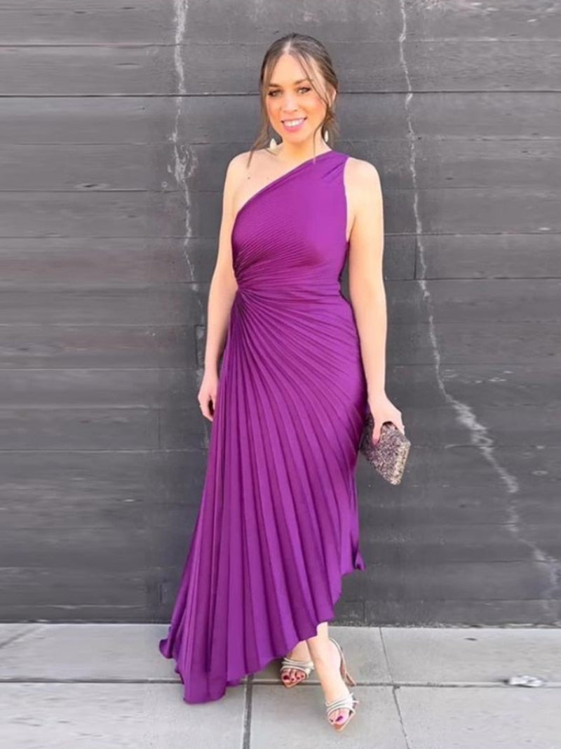 Women's Elegant One Shoulder Cinched Waist Pleated Evening Dress | Ideal for Spring/Summer