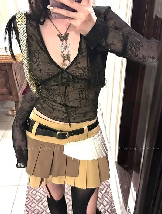 Korean Fashion Crop Top y2k Aesthetic Sweet Lace Patchwork Long Sleeve T Shirt with Bow 2000s Women Clothes Streetwear