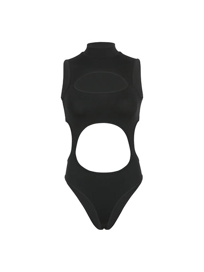 Solid Cut Out Sleeveless Skinny Half High Collar Bodycon Bodysuit Women
