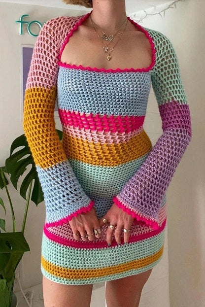 Patchwork Long Sleeve Mini Dress