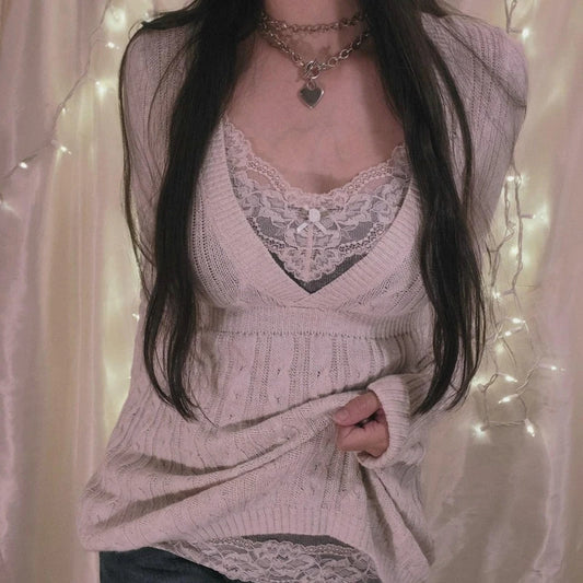 Fairycore Y2K Grunge Vintage Knitted Sweater Chic Women 90s Vintage V Neck Pullovers Aesthetics Retro Cute Jumpers Knitwear