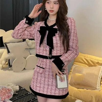 Autumn Winter Tweed Two-Piece Skirt Set Women Short Jacket Coat + Mini Skirt Suits Elegant Korean Fashion Female Outfits