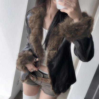Faux Leather Fur Turndown Collar Jacket Korean Stylish Winter Cardigan Coat Punk Vintage 90s Women Outwear Chic Fall