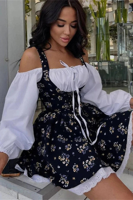 Lace Patchwork Square Collar Mini Dress