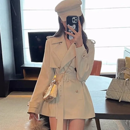 Elegant Lapel Blazer Coats Women Autumn New Double Breasted British Style Jacket with Belt Casual Korean Fashion Outerwear