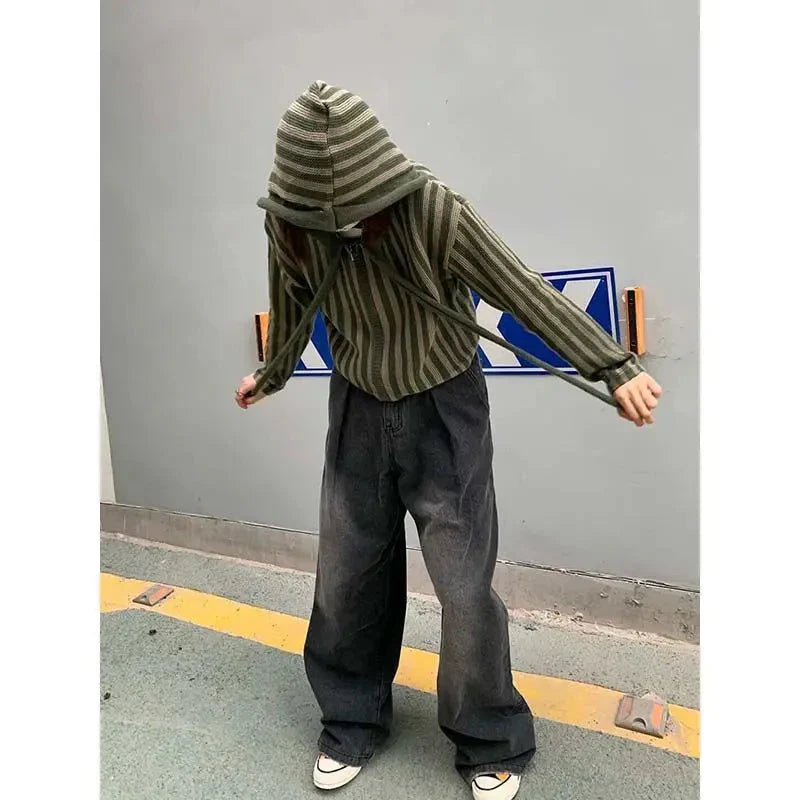 Korean Hooded Loose Harajuku Sweaters Striped Zipper Cardigan Knitted Gothic Y2k Tops Jumper