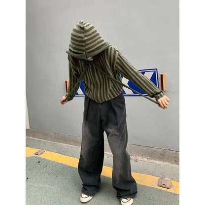 Korean Hooded Loose Harajuku Sweaters Striped Zipper Cardigan Knitted Gothic Y2k Tops Jumper