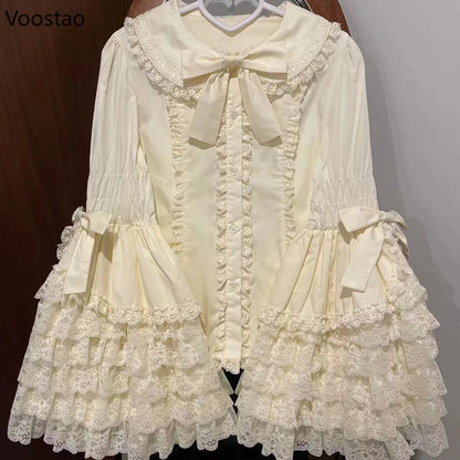 Vintage Lolita Style Shirts Gothic Y2k Bow Lace Ruffle Flare Long Sleeve Blouse Japanese Sweet Elegant Cute Tops