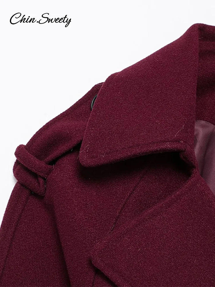 Fashion Burgundy Red Double Breasted Overcoat Women Lace Up Loose Lapel Pockets Long Sleeve Coat  New High Street Outerwear
