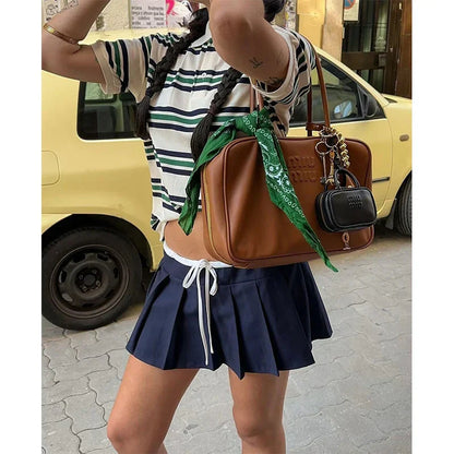 American Retro Contrasting Striped T Shirt Polo Collar Short Sleeve Preppy Vintage Tees Y2K Tops
