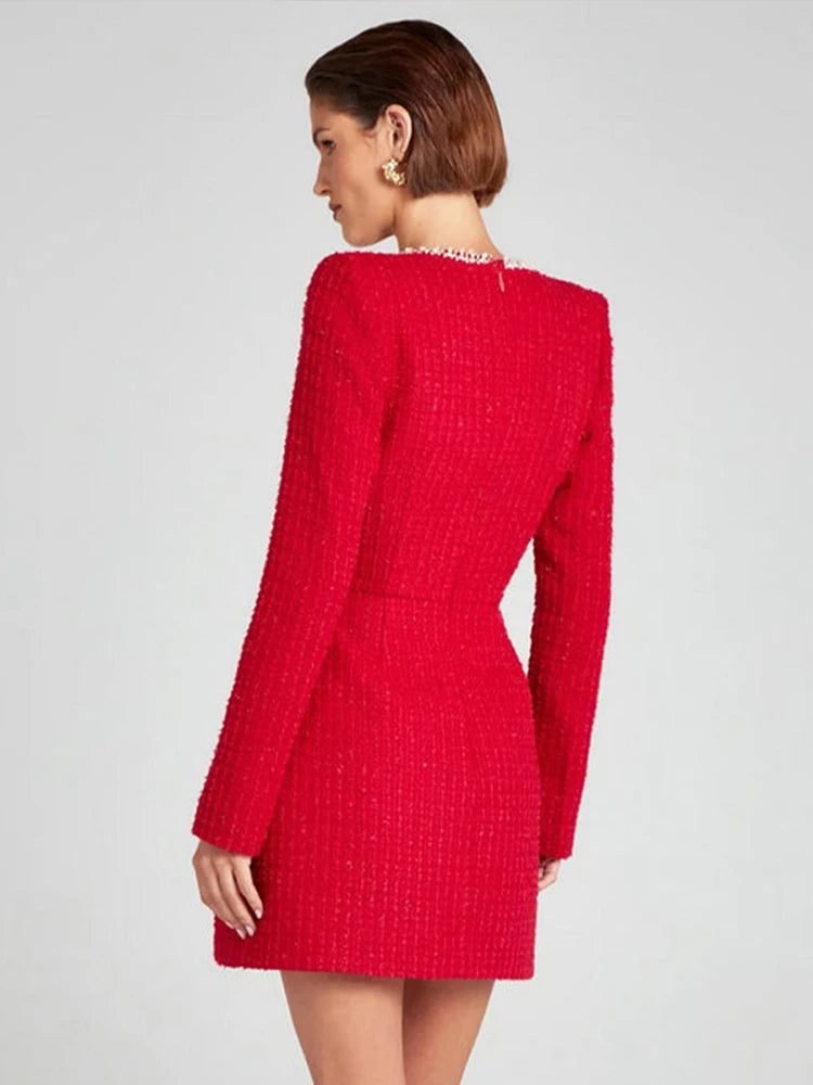 Elegant Tweed Mini Dress Women Square Collar Long Sleeve Shoulder Pads Dresses Female  Autumn Lady HighStreet Robes