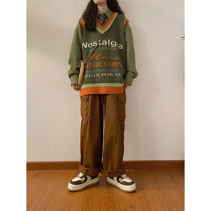 Voguable Vintage Harajuku Letter Knitted Vest Preppy Style Loose Bf Y2K Tops Japan Loose All Match V Neck Casual Sweater Vest